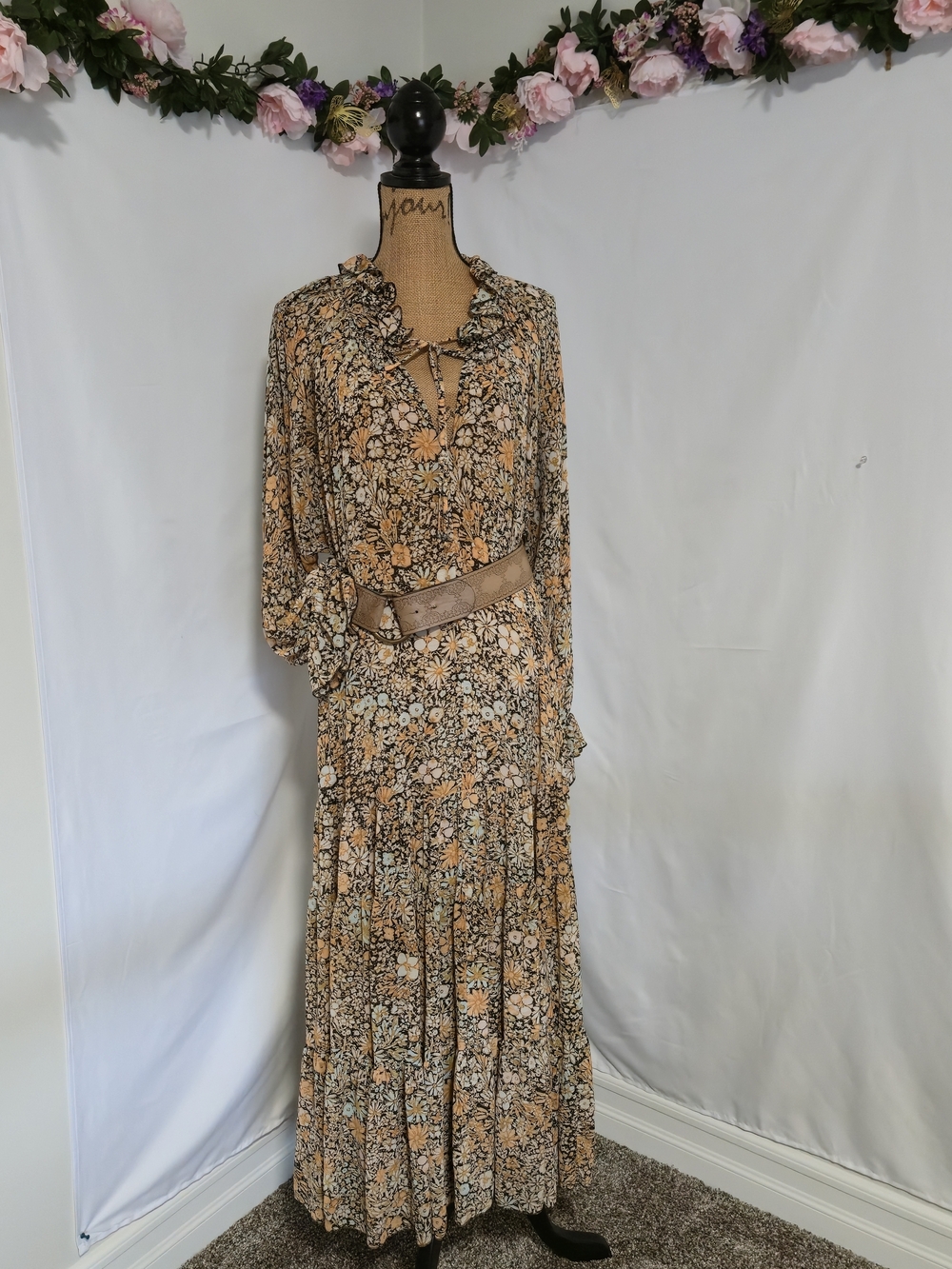 Free People Tan Floral Ruffle Maxi Dress